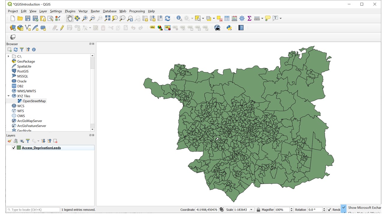 The map after the file 'Access_DeprivationLeeds.shp' has been imported.