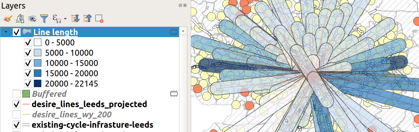 Buffered lines, coloured by the length of infrastructure within each one.