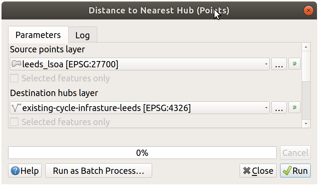 Distance to nearest hub algorithm selection (left) and input parameters in the resulting popup (right).