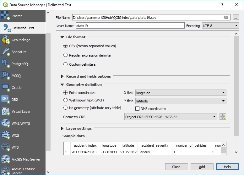 The Data Source Manager - Delimited Text