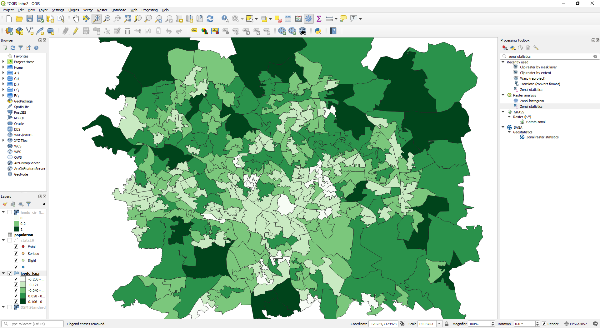 LSOA areas with average NDVI scores