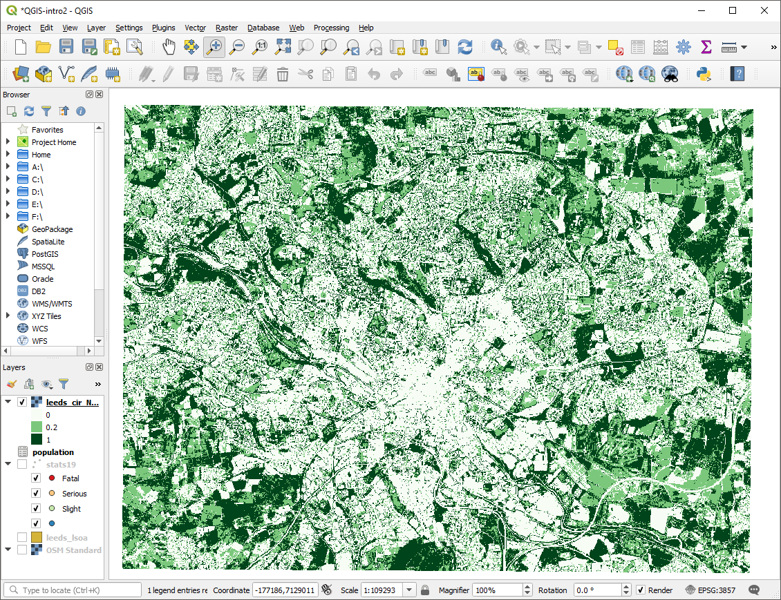 The NDVI raster with a psudo-colour scheme applied