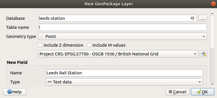 Popup box to add new GeoPackage layer, with text added for Leeds Rail Station.