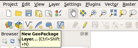 Selecting a new GeoPackage layer from QGIS's top ribbon menu.