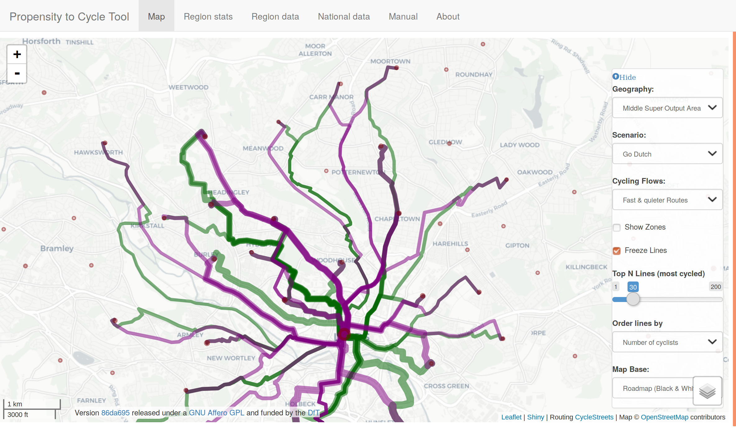 The propensity to cycle tool (PCT), showing data for fast and quiet routes, and demonstrating the Region dat' tab. Go to www.pct.bike to explore the data.