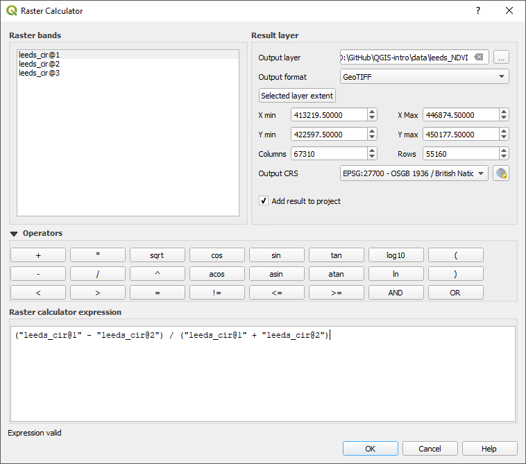 The raster calcualtor with the NDVI formula