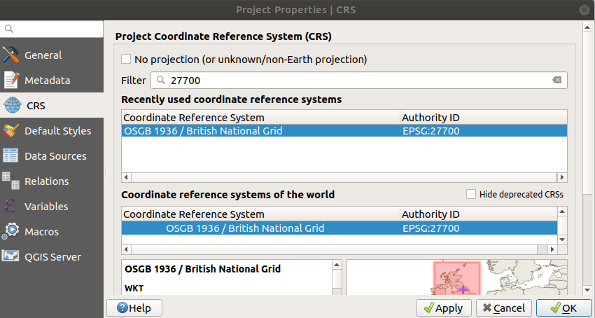 Project menu, project properties, set Coordinate ReferenceSystsm 27700