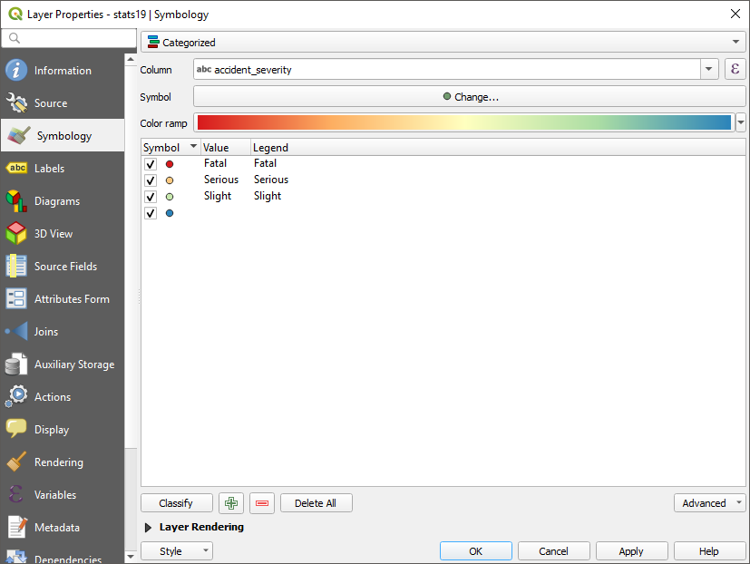 Symbology Menu used to categorise a point layer