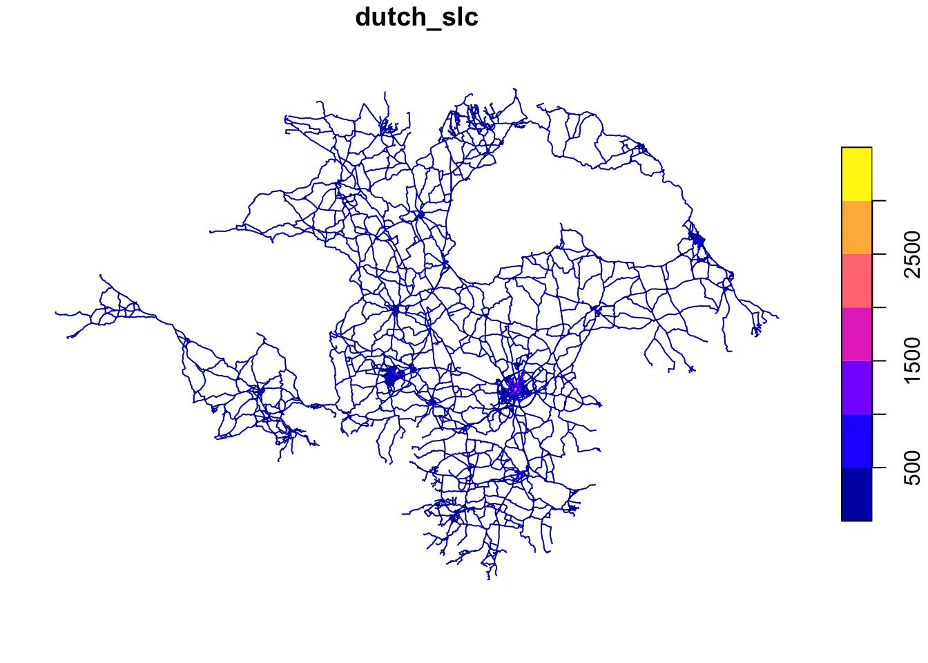 Illustration of route network based on car trips that could be replaced by bicycle trips, based on Census data on car trips to work and the Go Dutch uptake function used in the PCT.