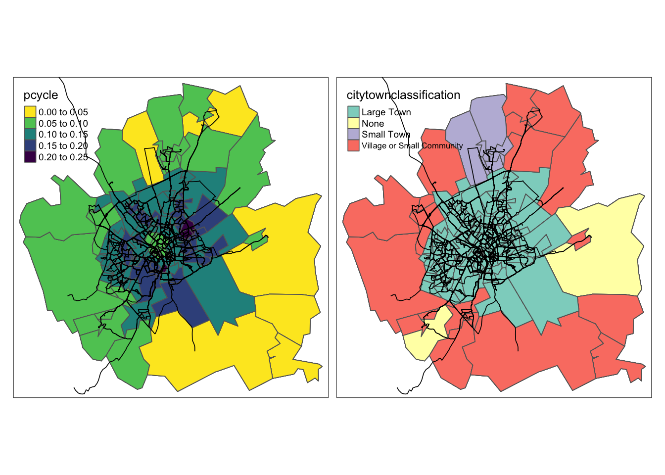Zones in York with colours representing cycling mode share (left) and urban functional classification (right)