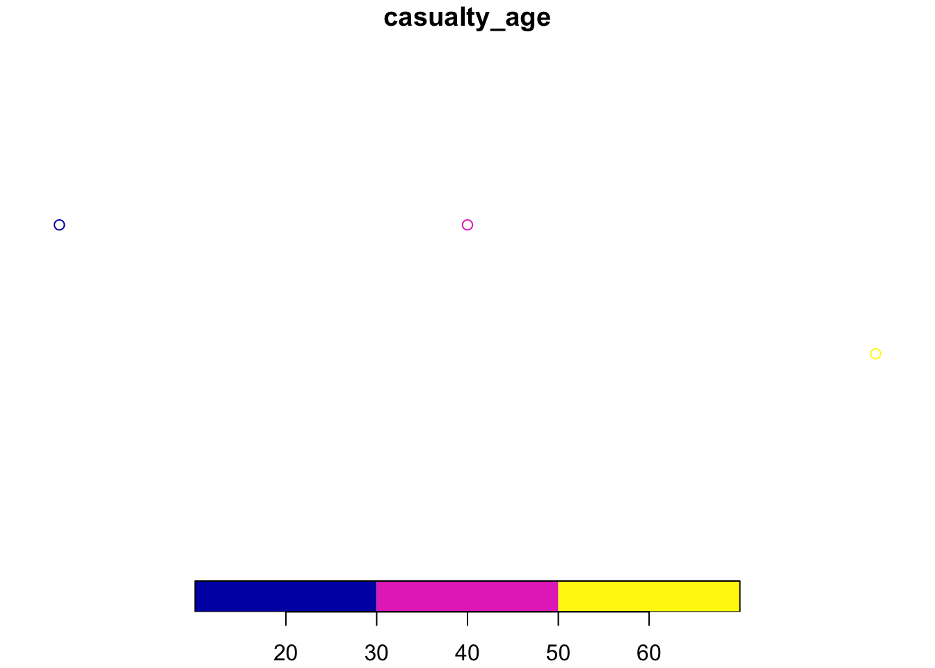 The `crashes_sf` dataset shown in map form with the function `plot()`.