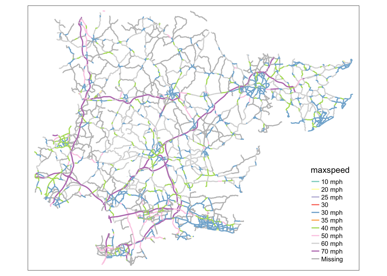 Roads in Essex downloaded with the code shown above.