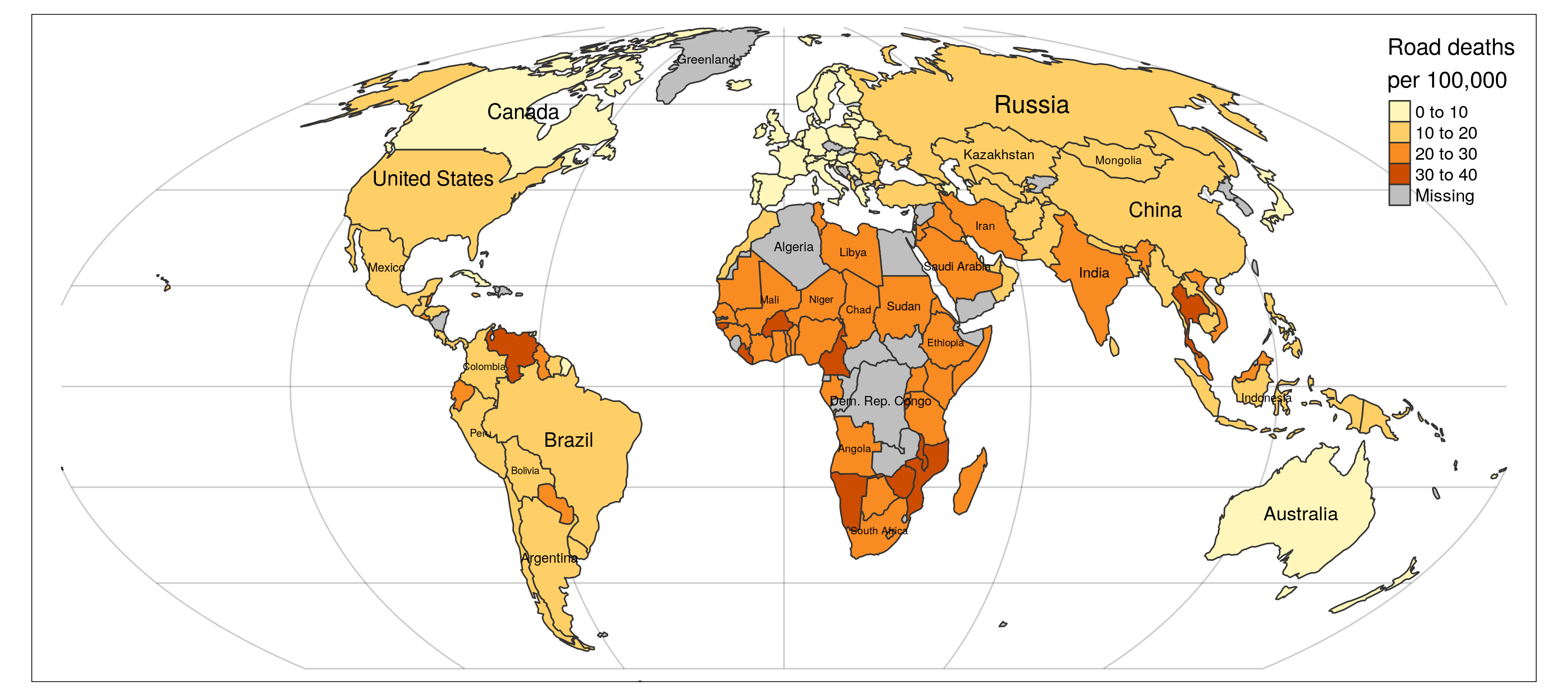 Road danger levels worldwide in 2016. Data source: World Bank. Reproducible source code: [github.com/itsleeds/rrsrr](https://github.com/ITSLeeds/rrsrr/blob/master/code/world-casualties.R).